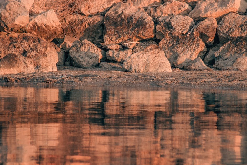 beach scenery tranquil reflection of rocky shoreline at urla, #19887119 Beach Scenery - Tranquil reflection of rocky shoreline at Urla, #19887119