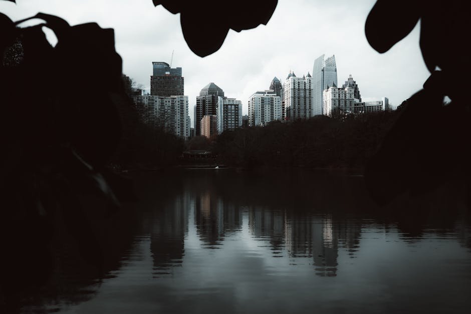 lake reflections a serene view of a city skyline reflected in the #35420316 Lake Reflections - A serene view of a city skyline reflected in the #35420316