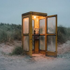 Beach Scenery - An illuminated vintage phone booth stands alone #35639899