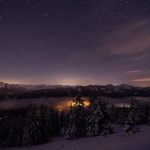Mountain Landscapes - Starry night with snow-covered trees and mountai #3801464